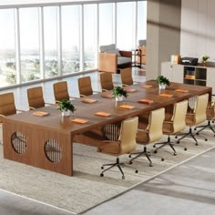 a large conference table with chairs around it in an office setting, overlooking the city