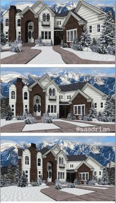 three different views of a house in the snow