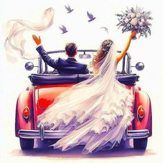 the bride and groom are riding in an old red car with their bouquets in hand