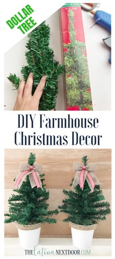 diy farmhouse christmas tree with ribbon tied around it and the words dollar tree on top