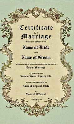 a certificate for marriage with an ornate frame on the front and back of it's cover