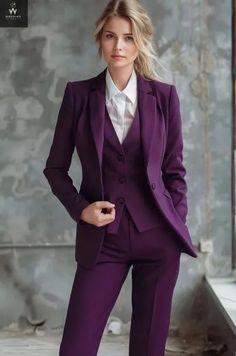 Purple Three Piece Suit for Women | eBay Purple Formal Suit Women, Women 3 Piece Suit, Wedding Suit Women Tomboys, Purple Suit Women, Female Wedding Suit, Dark Purple Suit, Masculine Female, Fantasy Masquerade, Wedding Suit Women