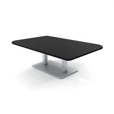 a black table with silver legs and a white base on an isolated surface, viewed from the front