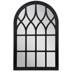 an arched window with black frame and white glass on the top, against a white background