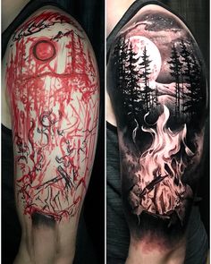 two different tattoos on the arm and shoulder, one with a red fire hydrant