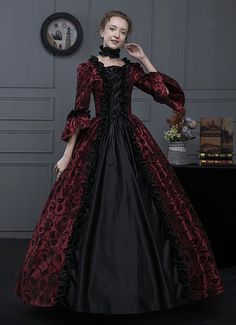 Wine Red Renaissance Gothic Victorian Dress for Women Condition: Brand New  Color:Blue/Wine Red/Green  Material: This dress made of High Quality Brocade, soft,smooth and comfortable to wear  Sleeve Length: Long Flare Sleeve  Dresses Length:Floor-Length  Neckline: amp;nbsp; Square Collar  Decoration: Ruffles + Lace  Package Includes:  Dress    The length of skirt about 45 inches (114 cm) long from waist to hem regardless of size. This dress is pictured with a 6-hoop skirt Petticoat underneath to Victorian Dress Drawing, Vampire Gown, Historical Dresses Victorian, Vintage Ball Gown, Victorian Ball Gowns, Gothic Victorian Dresses, Vintage Ball Gowns, Victorian Dresses