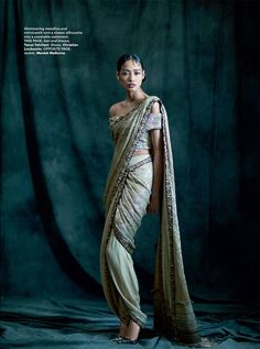 Glamorous in Gold: Harper's Bazaar India features a Tarun Tahiliani dhoti saree from the Couture 2014 collection in the October, 2014 issue. Green Background Photoshoot, Indian Fashion Magazine, Dhoti Drape, Saree Dhoti, Hussain Rehar, Dhoti Saree, Indian Colours, Beautiful Photoshoot Ideas, Color Combinations For Clothes