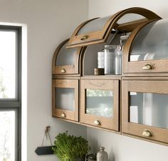 a wooden cabinet with glass doors and drawers on the wall next to a potted plant