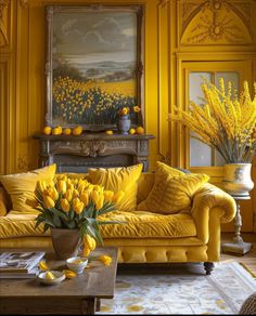 a living room filled with yellow furniture and flowers