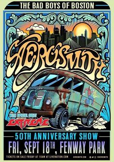 an old van is parked in front of a poster for the rock and roll festival