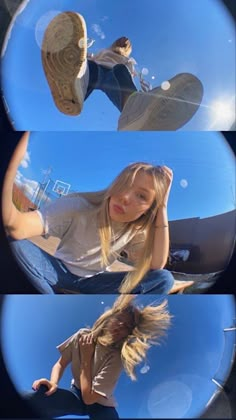 the girl is doing tricks on her skateboard in front of some blue sky and clouds