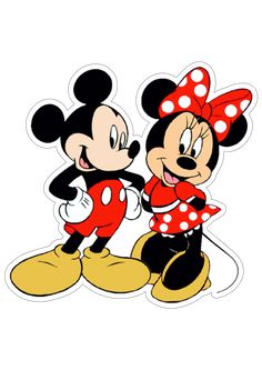 two mickey and minnie mouse stickers with red bows on their heads, facing each other