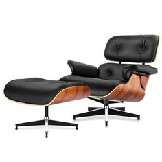 the eames chair and ottoman is shown in black leather