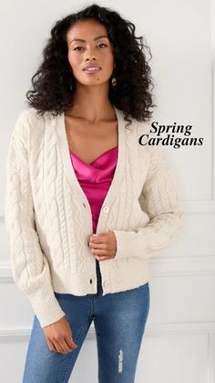 Spring is here and it's time to update your wardrobe with a timeless classic - the cable knit cardigan. This essential piece is perfect for year-long wear and is available in either a classic pink or sand color. This cozy cardigan is perfect for layering and will instantly bring texture and style to all of your outfits. Whether you're going for a casual look or dressing up for a special occasion, this cardigan is the perfect addition to your wardrobe. Spring Cardigans, Update Your Wardrobe, Cozy Cardigan, Spring Outfits Women, Cable Knit Cardigan