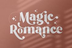 the words magic romance are shown in white lettering on a pink background with shadows from it