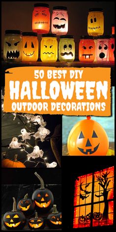 halloween decorations with pumpkins and jack - o'- lanterns