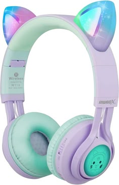 a pair of headphones with cat ears on the front and back ends, in pastel colors