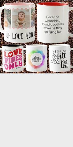 coffee mugs with the words i love you and two pictures on them in different colors