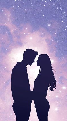 two people standing next to each other in front of a sky full of stars and the moon