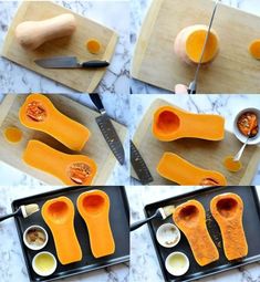 how to cut butternuts on a cutting board and then place them in small bowls