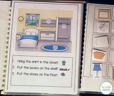 an open book with pictures and words on the pages, showing how to put shoes on the floor