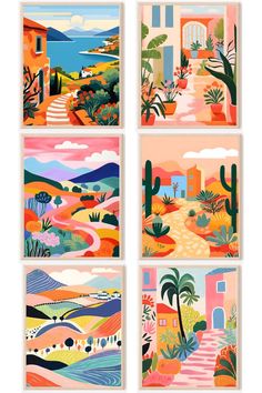 four colorful paintings with cactus trees and mountains in the background, all on different colors