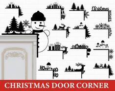 christmas door corner wall decals with snowman and trees in the background, on a white brick wall