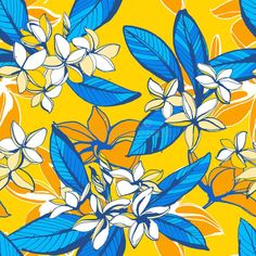 blue and white flowers on yellow background with leaves royalty illustration for design, wallpaper or fabric