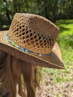 Looking for something to help brighten your beach hat? Wanting to personalize your straw hat and make it stand out? Or just wanting to have a different hat band that no one else may have. Well than, let's create a handmade beaded band! Custom order your stretch hat band that is easily removable and can be placed on several of your hats in the closet. Just pick three charm sets from the drop down boxes as well as the color palette you would like, I will do the rest!  Remember these personalized, Beaded Straw Hat, Adjustable Beaded Blue Hat, Adjustable Blue Beaded Hat, Adjustable Blue Hat Bands For Vacation, Adjustable Brimmed Fun Sun Hat, Adjustable Wide Brim Sun Hat As Gift, Fun Adjustable Straw Hat For Vacation, Adjustable Fun Straw Hat For Vacation, Adjustable Summer Hat Bands As A Gift