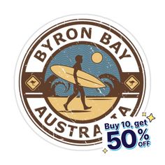 a sticker that says byron bay australia with a man carrying a surfboard on it