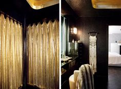 two pictures of a bathroom with black walls and gold curtains