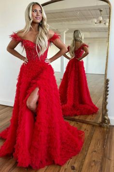 Ballkleid A-Linie Herzausschnitt Stufen Tüll Lang Mit Schlitz Prom Dresses Crazy, Senior Prom Ideas, Crazy Prom Dresses, Bright Prom Dresses, Dramatic Prom Dresses, 2024 Prom Dresses, Fluffy Prom Dress, Bold Prom Dresses, Fluffy Prom Dresses