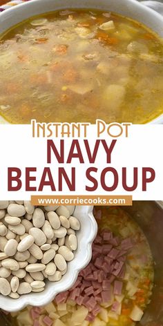 instant pot navy bean soup in a white bowl with ham and beans on the side