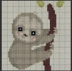 a cross stitch pattern of a baby slotty holding onto a tree branch