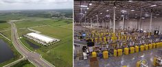 an aerial view of a factory and a photo of the inside of a building that has water in it