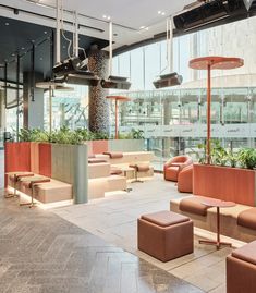 an indoor seating area with potted plants