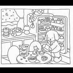 a black and white drawing of a child cooking in the kitchen