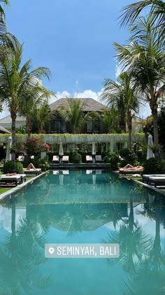 an outdoor swimming pool with lounge chairs and palm trees in the background, surrounded by greenery