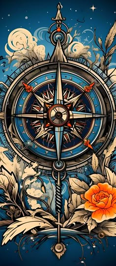 a drawing of a compass with flowers and feathers around it on a blue sky background