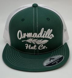 Armadillo Hat Company DURANGO Green with White Mesh Snapback Trucker style - Southern Girls Boutique Fitted Casual Hats For Sports Events, Fitted Outdoor Hat With Curved Bill, Fitted Trucker Snapback Hat With Flat Bill, Fitted Snapback Trucker Hat, Fitted Trucker Hat With Flat Brim, Fitted Trucker Hat With Flat Bill For Streetwear, Fitted Casual Baseball Cap With Embroidered Logo, Fitted Flat Bill Trucker Hat For Streetwear, Sporty Fitted Baseball Cap For Sports