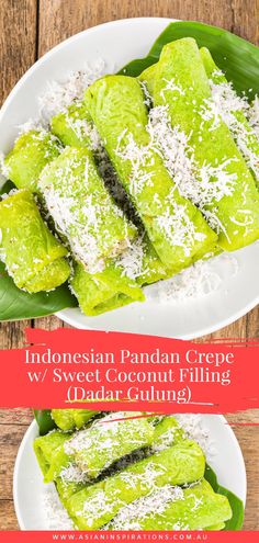 two plates filled with food on top of a wooden table and the words indonesian pandan crepe w / sweet coconut filling