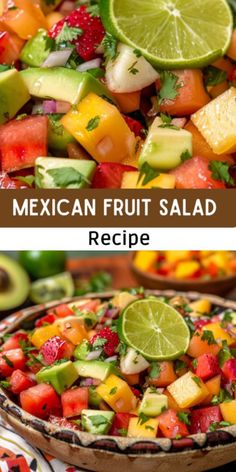 mexican fruit salad with limes, strawberries and avocado in the background