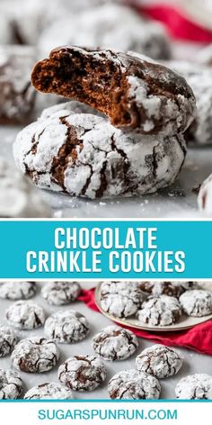 chocolate crinkle cookies are stacked on top of each other with powdered sugar