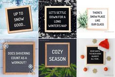 four different types of holiday signs with snowflakes and pine trees in the background