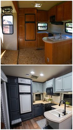 before and after pictures of a kitchen remodel in a mobile home or travel trailer