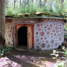 a stone building with grass growing on the roof and door is surrounded by trees in the woods