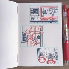 an open book with drawings on it and a red pen sitting next to the opened book