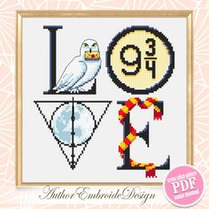 a cross stitch pattern with the number nine and an owl sitting on top of it