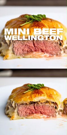 two pictures of meat and cheese on top of each other with the words, mini beef wellington