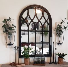 a mirror and some potted plants on a table in front of a wall mounted shelf